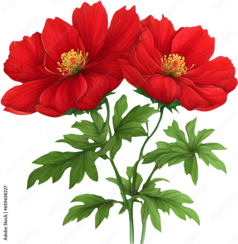 Fototapeta premium A vibrant painting of flowers with green leaves on their stem. AI-Generated.