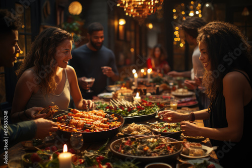 Families gathered around a festive dining table filled with leftovers and delicious treats  celebrating Boxing Day with a grand feast. Concept of post-Christmas indulgence. Generative Ai.