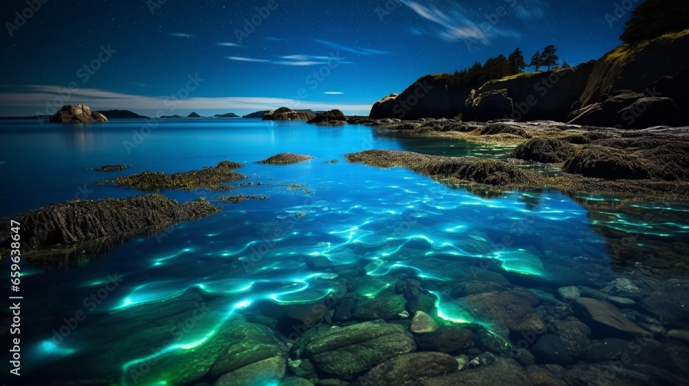 The captivating beauty of bioluminescent plankton illuminating a quiet shoreline.