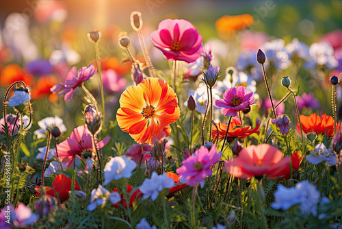 Multicolor flowers in Sunny meadow in summer.