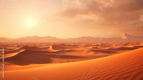 The expansive Sahara Desert with rolling sand dunes under a blazing sun.