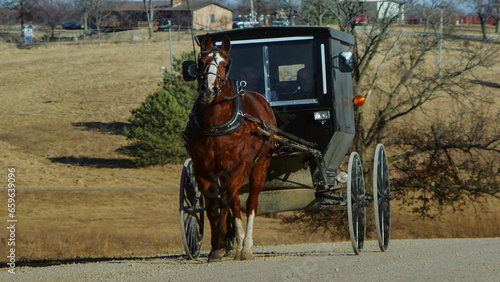 Cuadro en lienzo An Amish covered buggy travels the barren country roads of Davis County, Iowa on late-winter afternoon in slow motion
