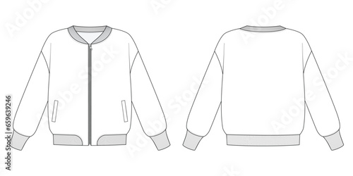Fashion technical drawing of bomber with zip. Zip up bomber fashion flat sketch.