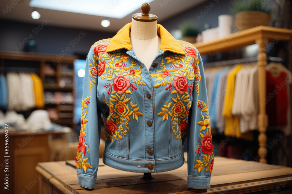 Women's blue embroidered jacket wi
Th red flowers