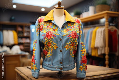 Women's blue embroidered jacket wi Th red flowers