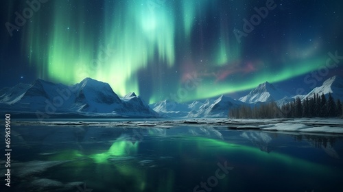 The mesmerizing dance of the Northern Lights above a frozen lake. © Rafay Arts