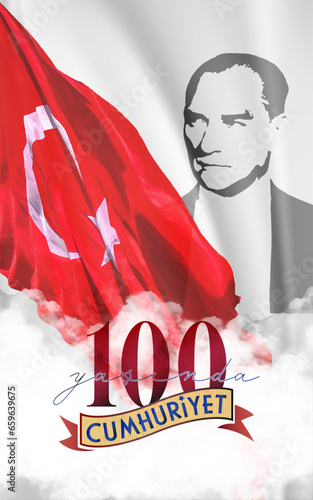Ankara Turkey - 29 October 1923. Translation: The Republic is 100 years old - 29 October Turkey Republic Day, Happy holiday illustration. (Turkish: Cumhuriyet 100 yaşında)