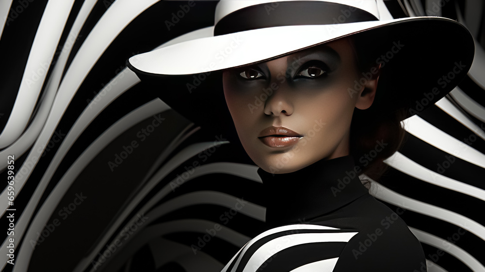 illustration of a beautiful woman in a hat with black and white stripes - obrazy, fototapety, plakaty 