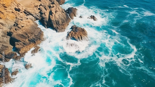 An aerial view capturing the majestic blue ocean waves crashing against rocky shorelines.