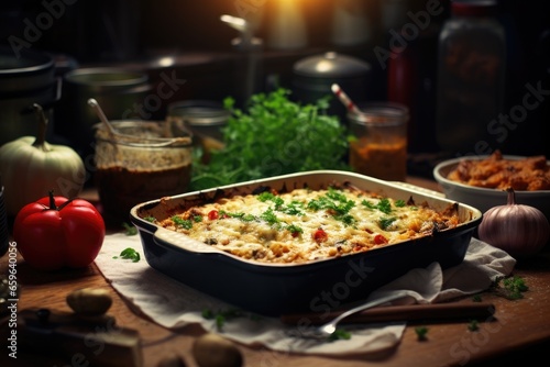 A lasagna tray on a kitchen counter  surrounded by various ingredients and kitchenware  ready for serving.