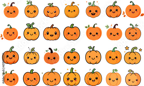 Mega bundle of vector cute pumpkins expression graphic elements, for autumn season, thanksgiving banner decoration. Isolated on a white background.