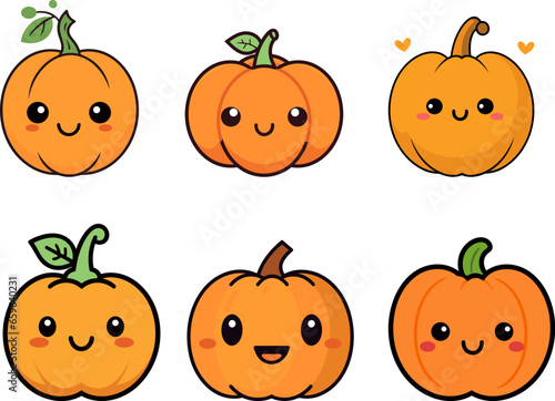 Set of vector cute pumpkins expression graphic elements, for autumn season, thanksgiving banner decoration. Isolated on a white background.