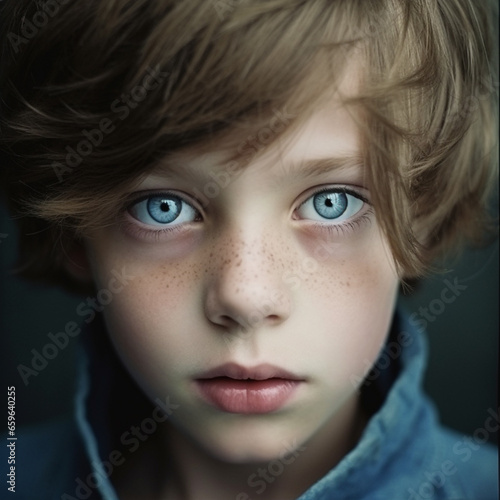 Portrait of a little boy with blue eyes. Studio shot. Portrait of a cute little boy with brown hair and blue eyes. Portrait of a boy with blue eyes. Shallow depth of field.AI generated