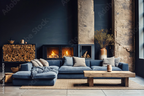 Blue velvet sofa and rustic accent table against stucco wall with aged, old, columns. Loft home interior design of modern living room with fireplace.