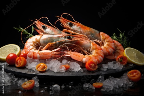 A plate of large pink shrimp on ice, garnished with lemon wedges, cherry tomatoes, and rosemary sprigs.