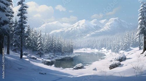 The tranquil beauty of a snowy landscape, with pine trees dusted in white.