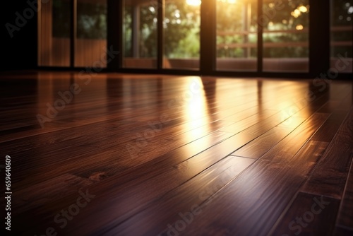 Sunlight shines through a window, casting a warm glow on the glossy, dark wooden floor. © Sebastian Studio
