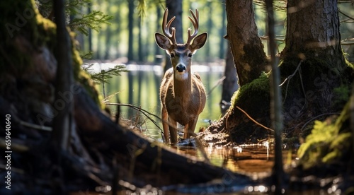 close-up of a deer in the forest, deer in the woods, cute deer in the park, cute deer in the forest, close-up of a lonely deer in the woods © Gegham