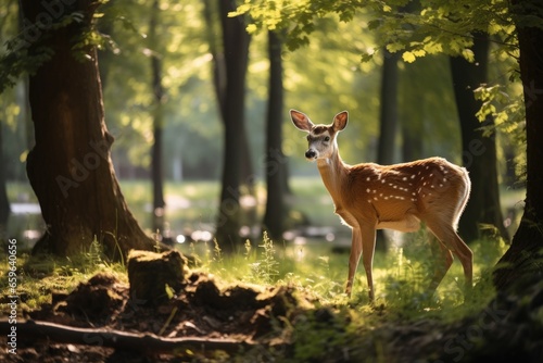 A doe, with a white spotted coat, stands in a sunlit forest, looking towards the camera.