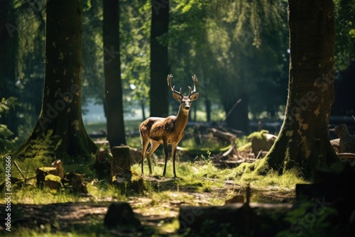 A deer with a large rack of antlers stands in a sunlit forest clearing  looking towards the camera.