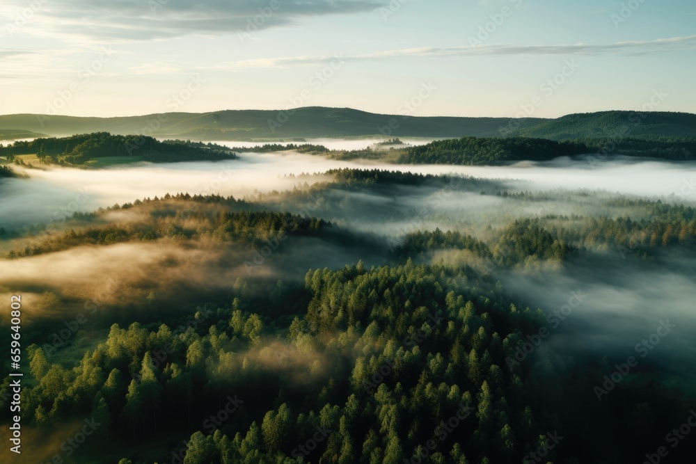 Aerial view of a foggy forest with sunlit hills in the background.