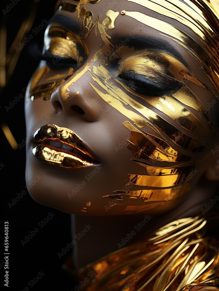 gold makeup on a black woman with silver makeup, in the style of sunrays shine, generative AI - obrazy, fototapety, plakaty 