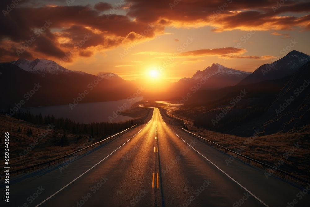 A scenic view of a road leading towards a sunset over mountains and a lake.