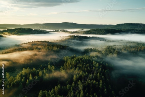 Aerial view of a foggy forest with sunlit hills in the background.