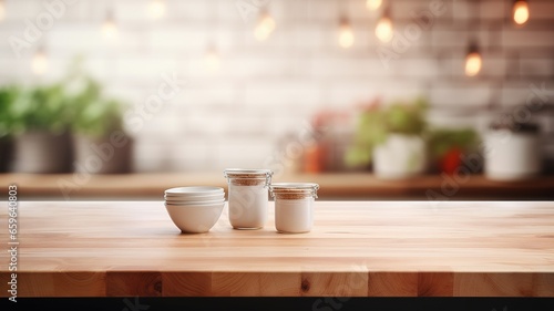 Wooden countertop in kitchen room blur background. Can be used to show product display montage or visual design on tabletop. AI.