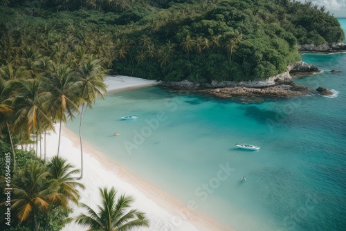 Illustration of paradise landscapes with turquoise sea, white sand, and palm trees. Tropical beaches seen from a drone.