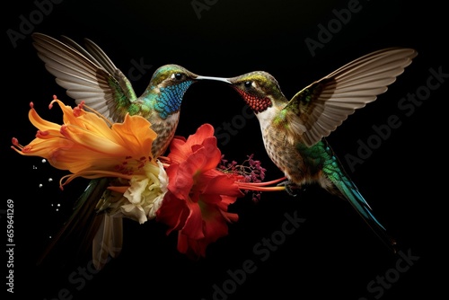 A mutually beneficial relationship between a hummingbird and another organism. Generative AI