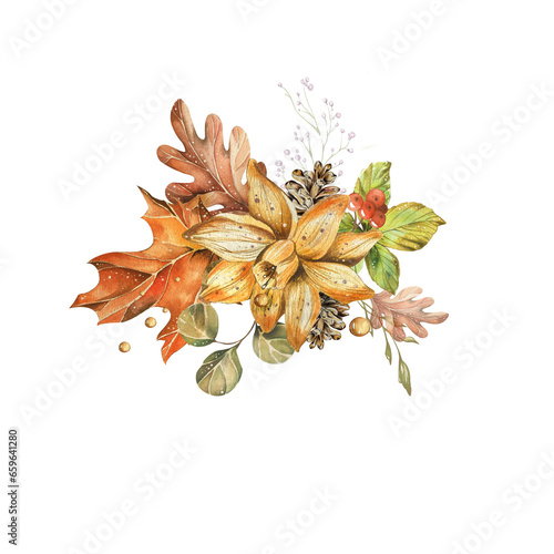 Colorful leaf composition made of autumn leaves, plants, flower. Watercolor botanical frame, isolated on white background.