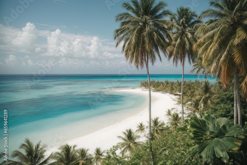 Illustration of paradise landscapes with turquoise sea, white sand, and palm trees. Tropical beaches seen from a drone. © sebas