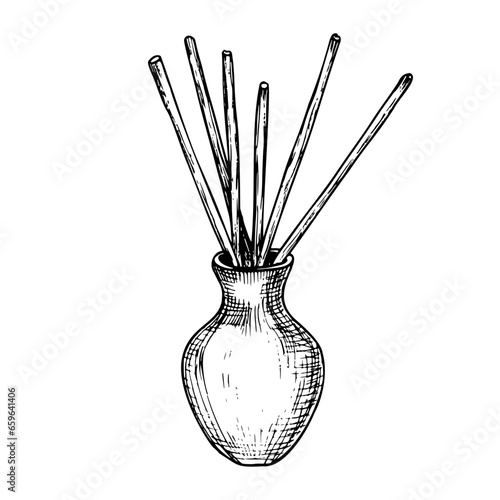 Vector air Refresher Diffuser and Aroma sticks in ceramic vase in line art style. Hand drawn illustration of home fragrance for relaxation in black and white colors. Drawing of Aromatherapy spa object