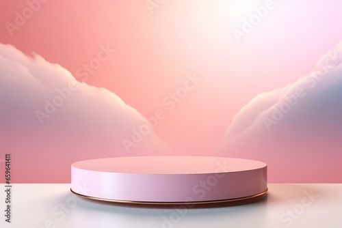 3D abstract render with light pink podium and white background, product presentation space with cylinder and gold rim, back circle lighting illustration, pastel colors. Generative AI