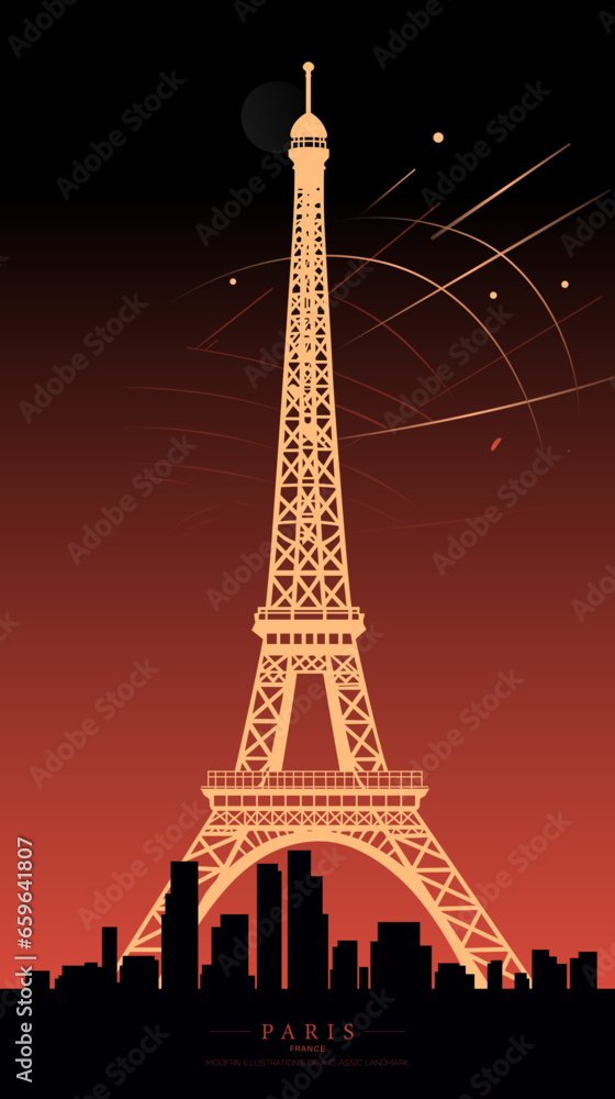 Eiffel Tower Silhouette on Paris Skyline - Vector Artwork