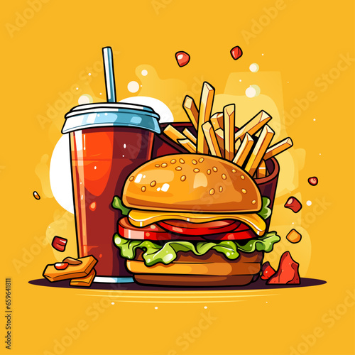 A vector logo design for a fast-food restaurant, Hamburger, soft drink and Fries
