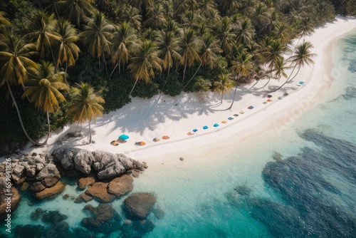 Illustration of paradise landscapes with turquoise sea, white sand, and palm trees. Tropical beaches seen from a drone.