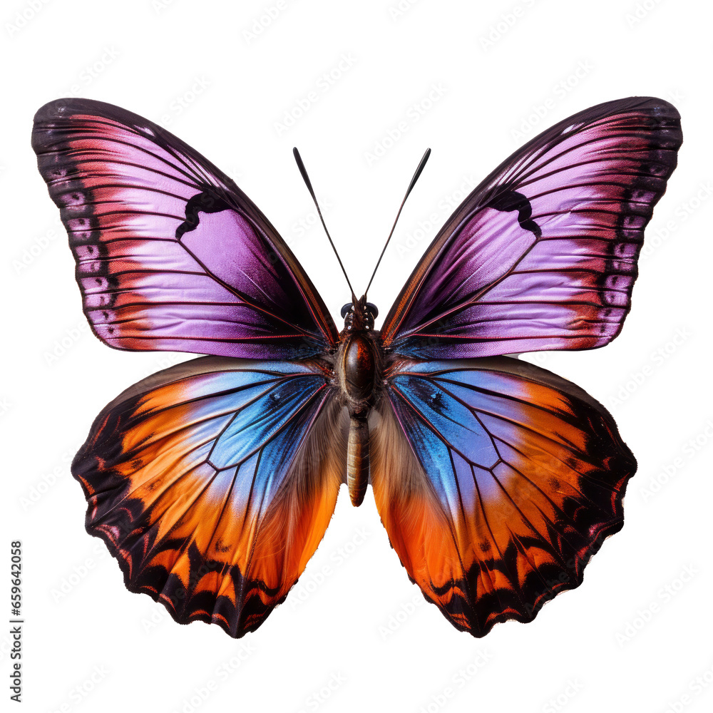 beautiful purple and orange butterfly flying over transparent background. beautiful purple and orange butterfly flying over transparent background.
