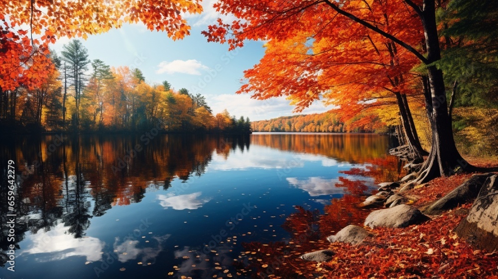 Vibrant autumn foliage reflecting in the tranquil waters of a secluded lake.