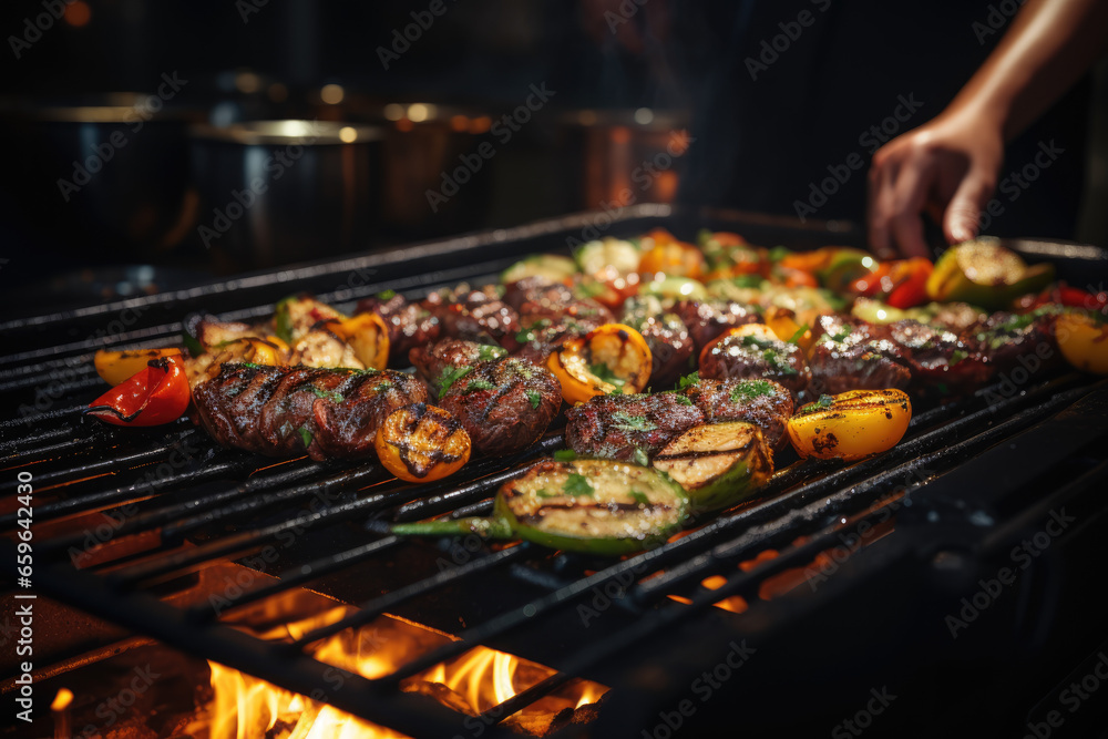 A chef grilling skewers of marinated vegetables over an open flame, creating a mouthwatering barbecue dish. Concept of grilled cuisine. Generative Ai.