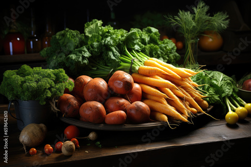 A tray of freshly harvested root vegetables, including carrots and beets, ready for culinary use. Concept of root crop harvesting. Generative Ai.