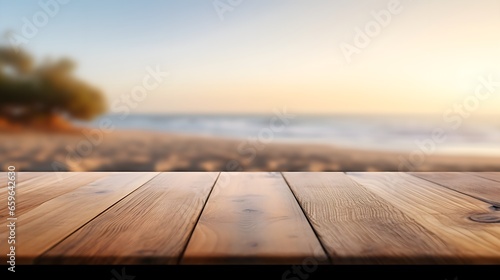  Empty Wooden Table with Blurred Beach Cafe Background, Bokeh Lights, and Coastal Vibes. Ideal for Designing Tranquil Scenes, Empty Table with Copy Space for Product Presentation, Mockup