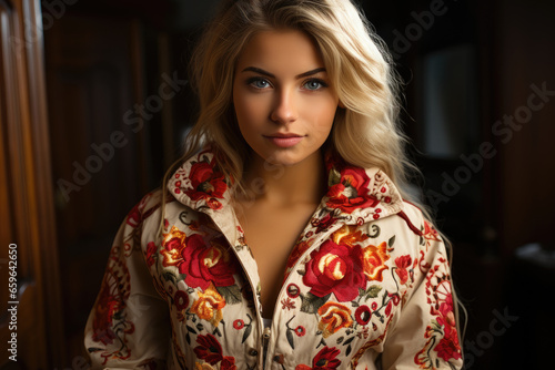 Women in red embroidered jacket