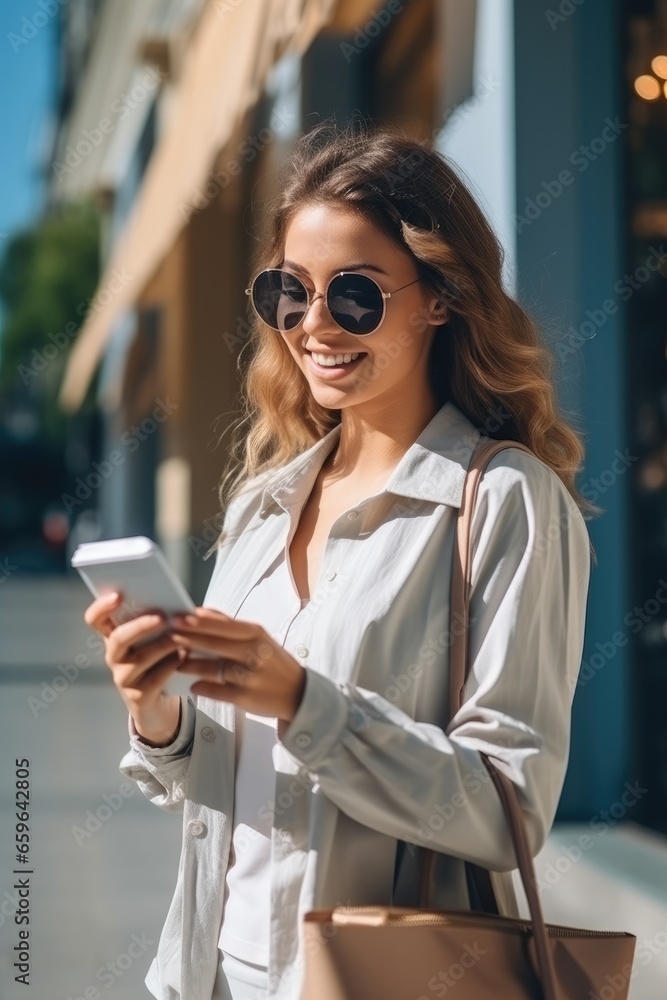 Portrait of a young woman with shopping bags using smartphone to chat with friend, sunny day