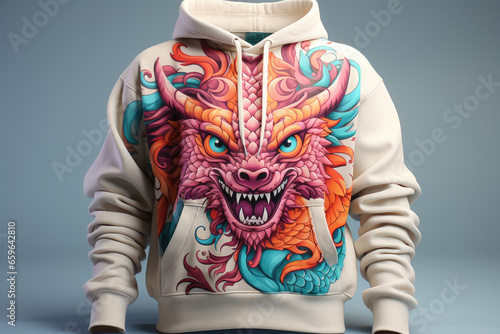  Fashion hoodie with red blue dragon print