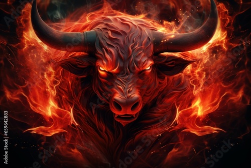 Breathtaking Bull red flames. Hot head team. Generate Ai © juliars