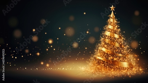Abstract christmas tree with golden bokeh lights. holiday background concept.