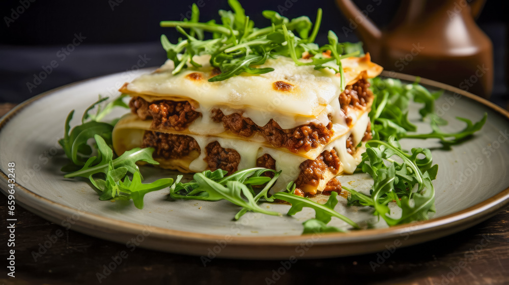 Lasagna bolognese with beef, tomato sauce and arugula Lasagna bolognese with beef, tomato sauce and arugula