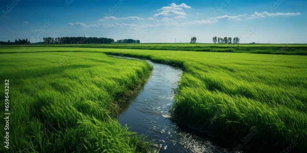 Green Field with a Small Stream Flowing Through, Set Against a Summer Blue Sky, Emphasizing the Beauty of Freshwater and the Serenity of Nature Green Field with a Small Stream Flowing Through, Set Against a Summer Blue Sky, Emphasizing the Beauty of Freshwater and the Serenity of Nature